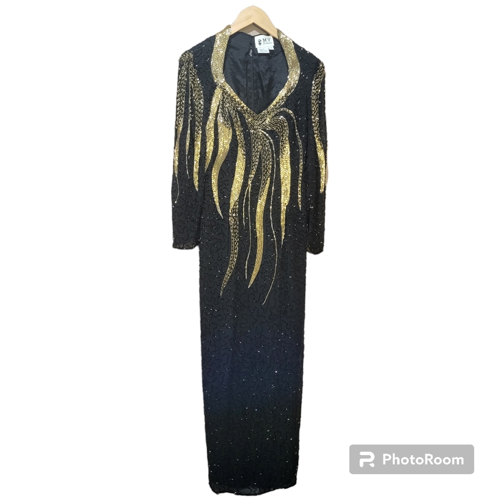 Vintage black & gold full length silk beaded formal gown